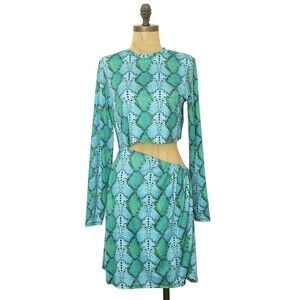 AFRM Side Cutout Mini Bodycon Dress L Teal Snake Print Long Sleeve Crew NEW B52